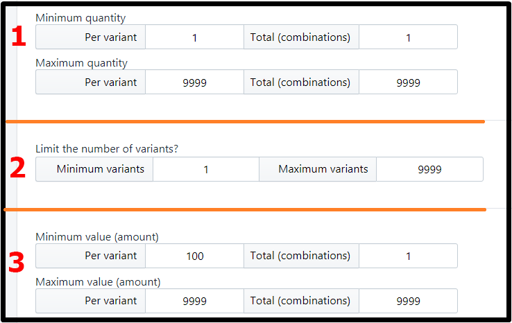 Shopify minimum maximum variants quantity limits