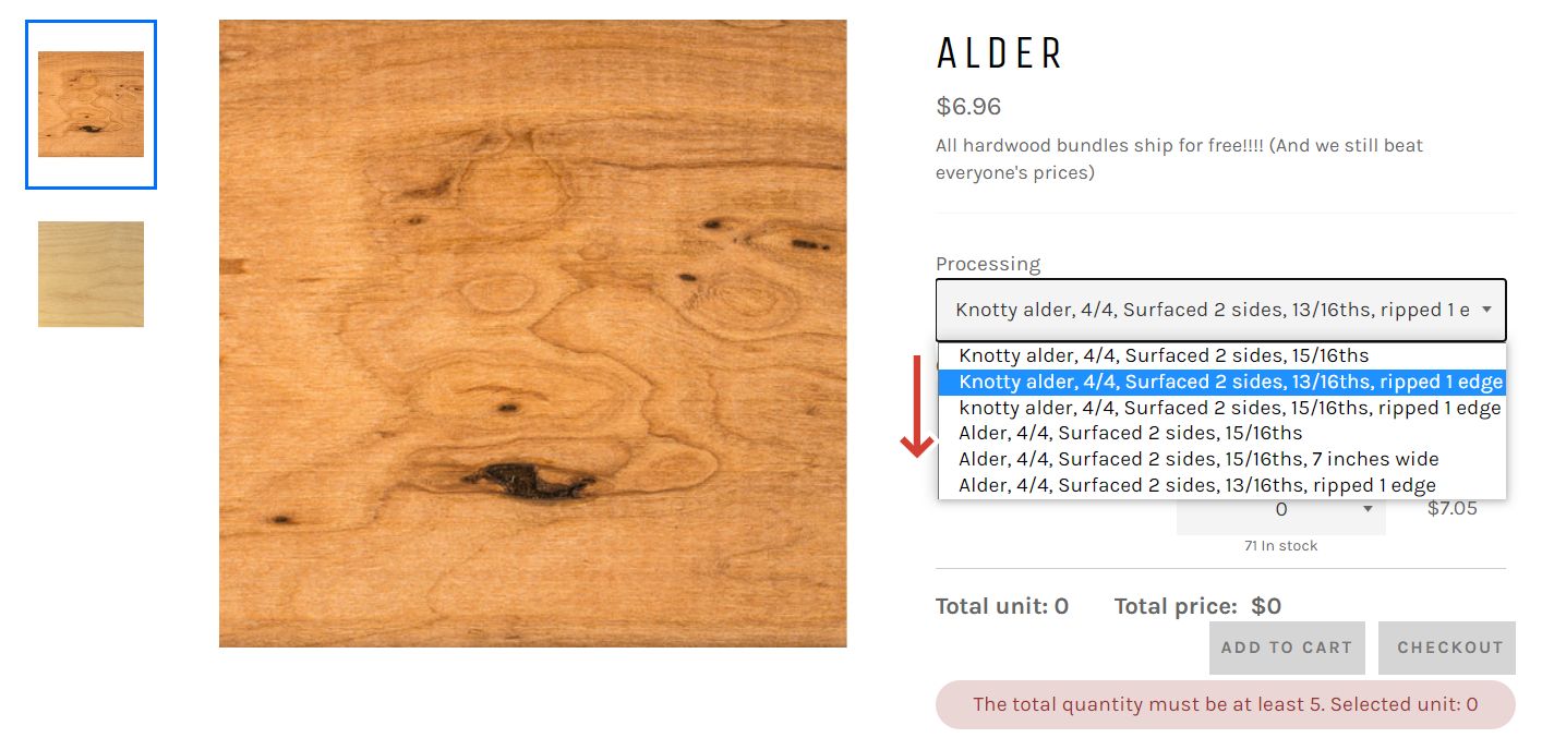All lumber variations in a single product page