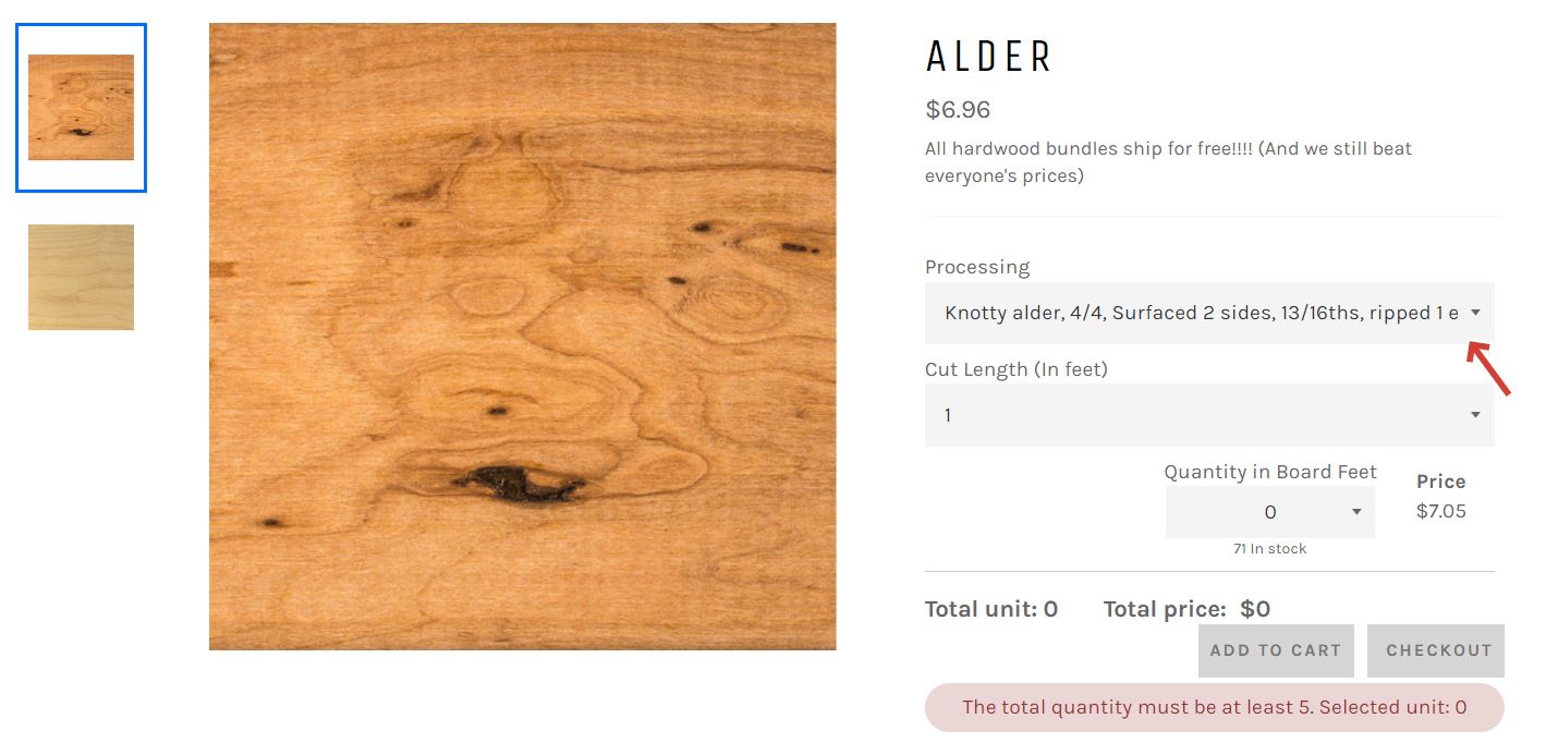 All lumber variations in a single product page