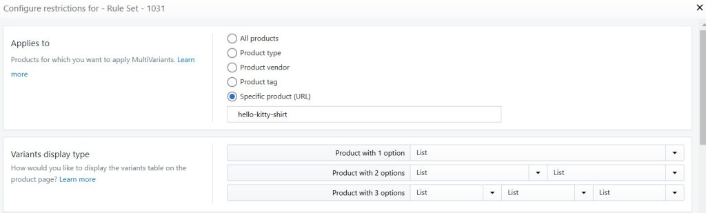 Configuring complex variant restrictions Rule Set Number Display MultiVariants Restriction 1