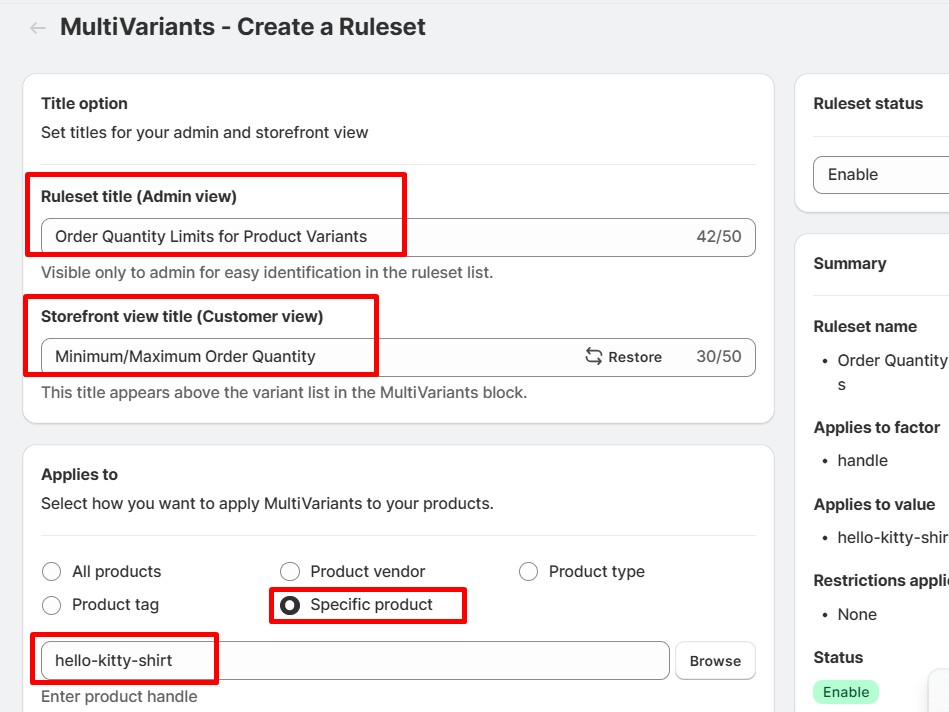 order quantity limits for product variants - MultiVariants Ruleset Name