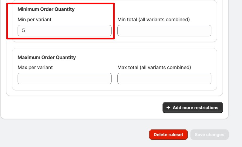 order quantity limits for product variants - Set Min Order Quantity