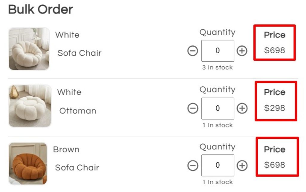 Genesis Furniture - Display Variant Pricing