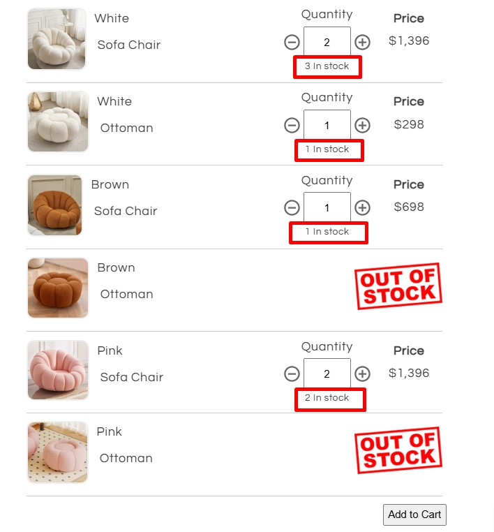 Genesis Furniture - Ordering Multiple Variants with Stock Level