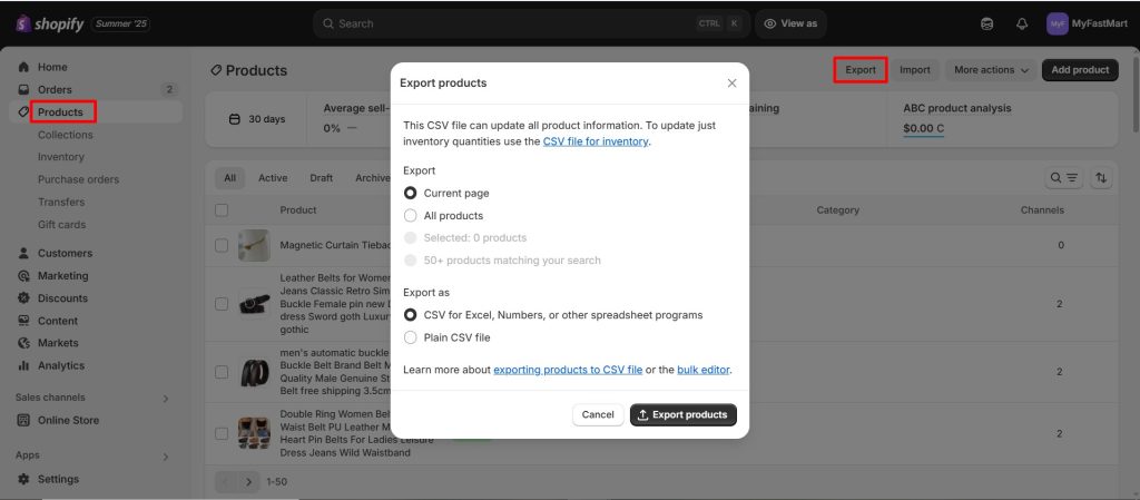 Shopify built-in bulk export