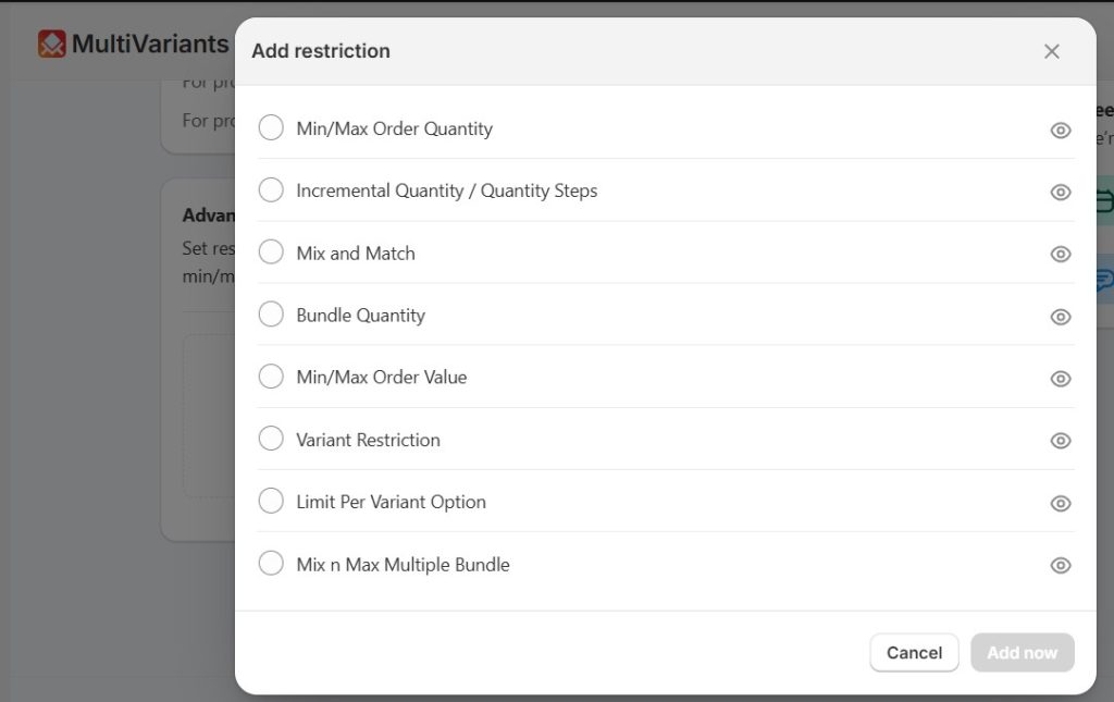 Choose restriction types you want to set for your products.