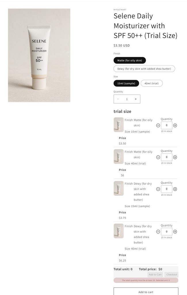 Storefront view with a Shopify B2B Bulk order app