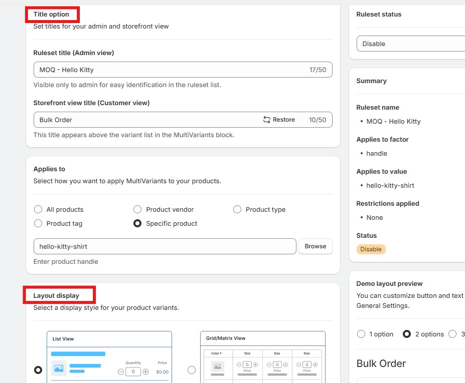 shopify minimum order quantity - MultiVariants basic info