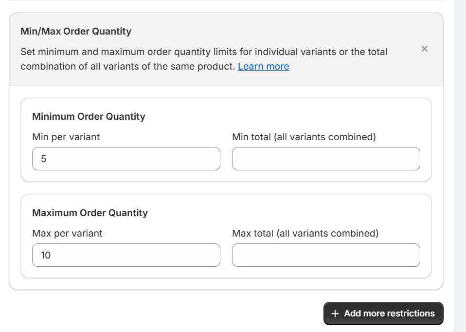 shopify minimum order quantity - MultiVariants min max