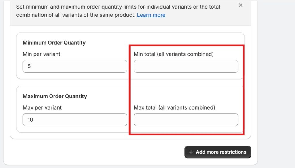 shopify minimum order quantity - min max variants combined