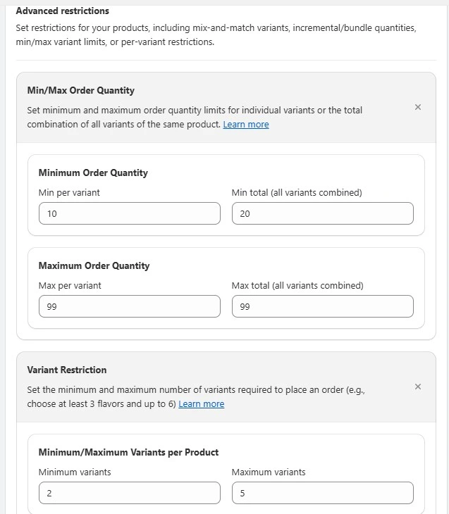 set restrictions with MultiVariants