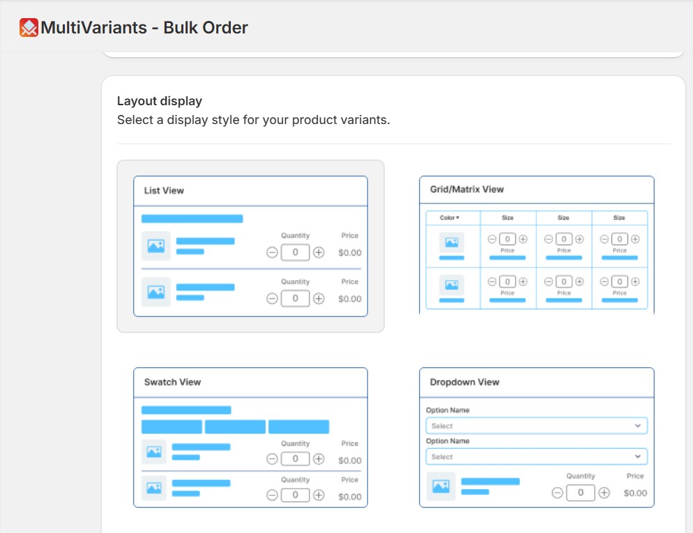 Shopify Bulk Order Form - MultiVariants layout