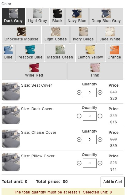 your product page with multiple variant options