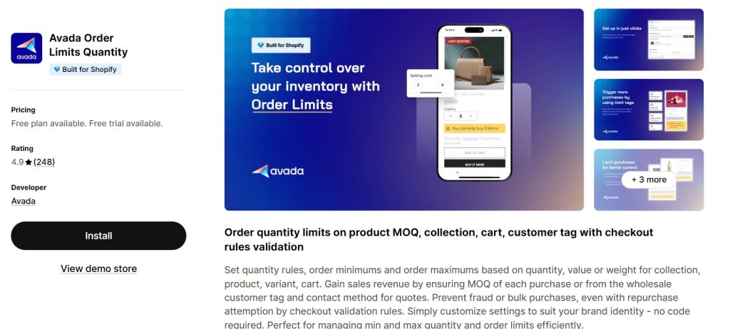Avada order limits quantity