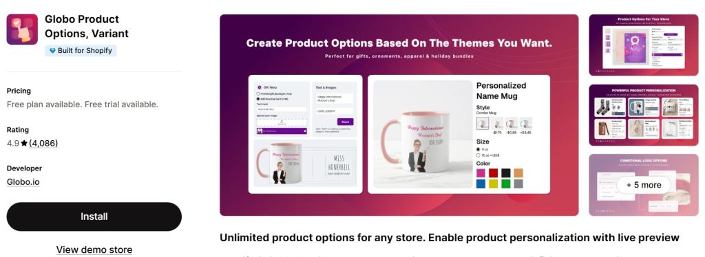 Globo product options, variant
