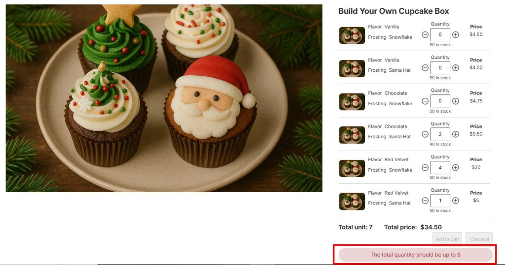 the warning message telling them they have exceeded the limit and need to adjust their quantities before continuing.