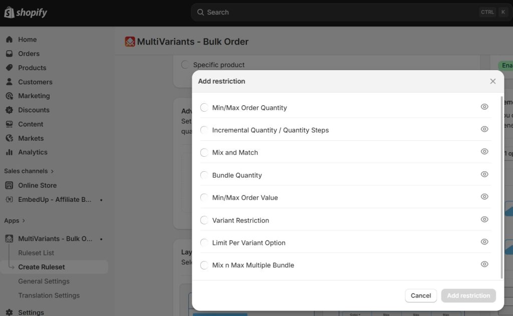how to manage product variants on shopify - multivariants restriction options