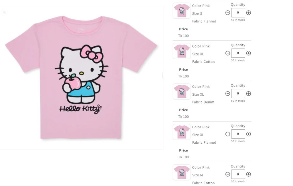 shopify bulk order apps - multivariants product page