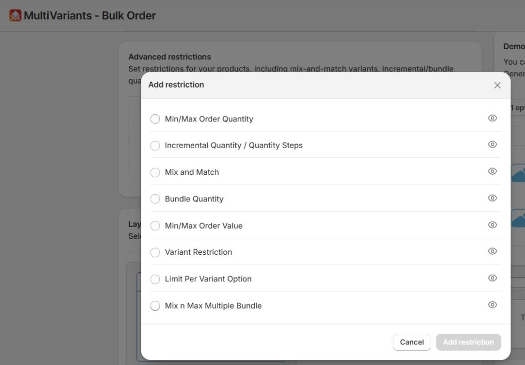 shopify bulk order apps - multivariants restrictions