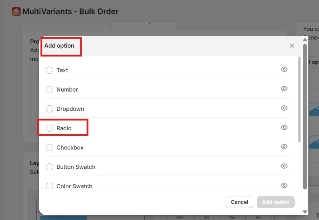 shopify product options - multivariants choosing radio