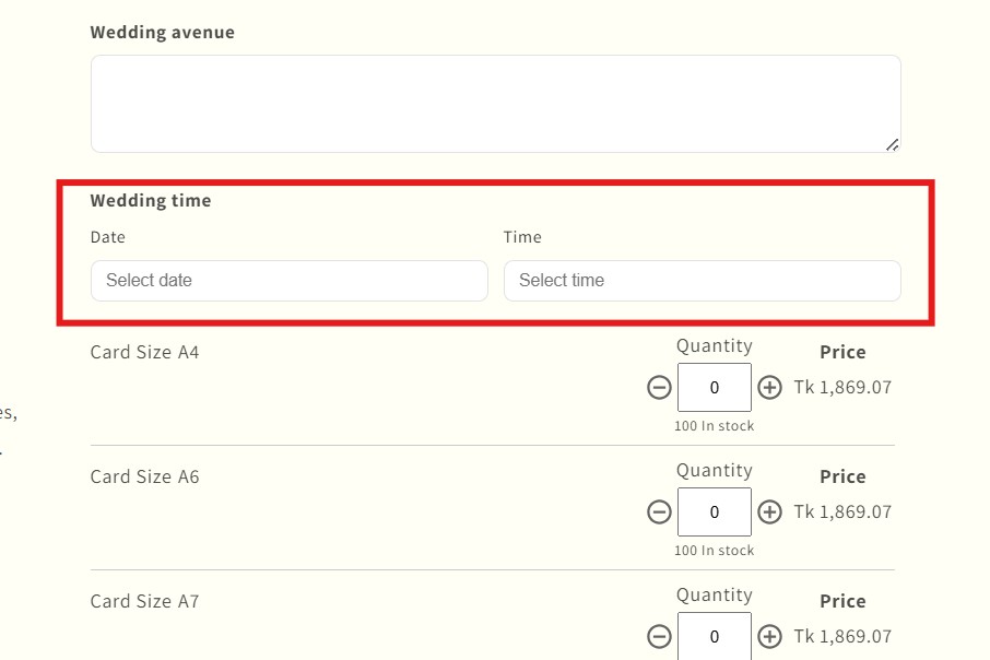 shopify product options - multivariants date and time