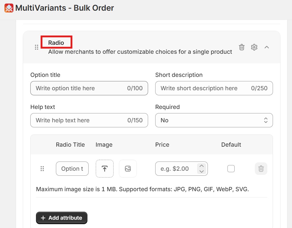 shopify product options - multivariants radio setup