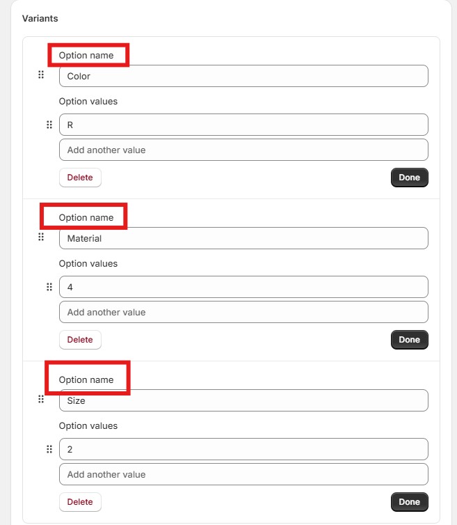 shopify product options - shopify default options